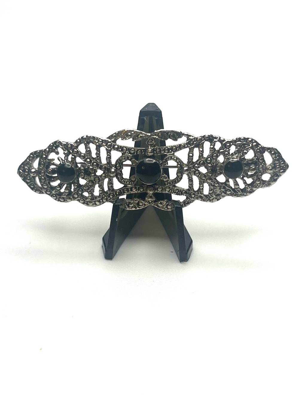 Vintage Silver Tone Filigree Black Cabochon Marcasite, Art Deco Style Brooch.